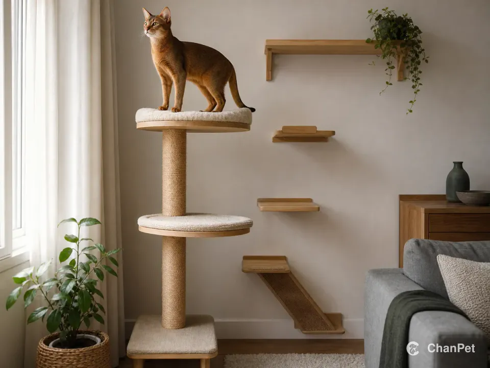 An Abyssinian cat stands on a stable cat tree beside a climbing route to wall-mounted perches