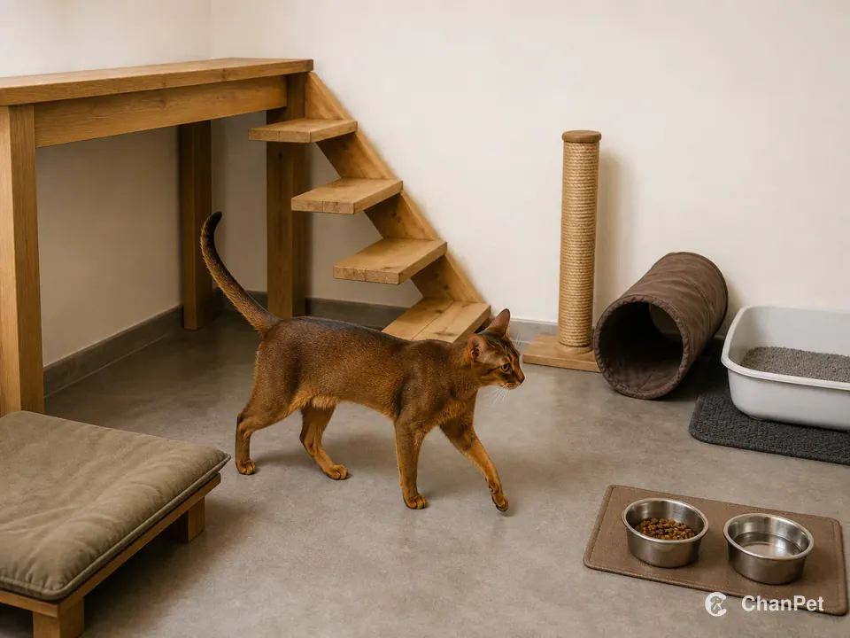 A ruddy Abyssinian cat walks through an indoor activity route with a sturdy high perch, scratching post, play tunnel, and separate food, water and litter areas.