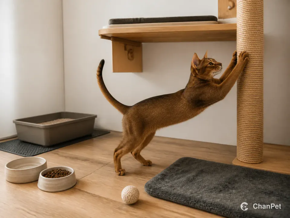 A ruddy Abyssinian stretches at a scratching post beside separate food and water, litter, a resting mat and a small ball.