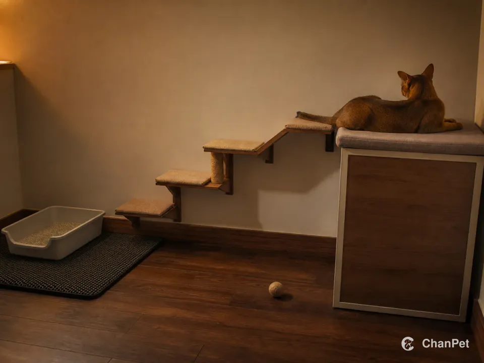 A ruddy Abyssinian rests calmly on a high platform beside a continuous downward route, with a separate litter area and a small ball nearby.