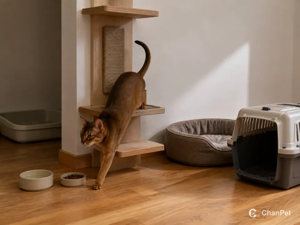A ruddy Abyssinian cat stepping down from an indoor climbing frame, with a resting area, separate food and water, litter tray, and an open unbranded carrier nearby.