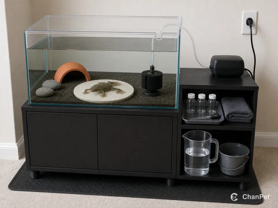 One African dwarf frog rests on an observation pad in a mature covered shallow tank, with both short-toed webbed front feet, both hind feet, and one continuous sponge-filter airline visible.