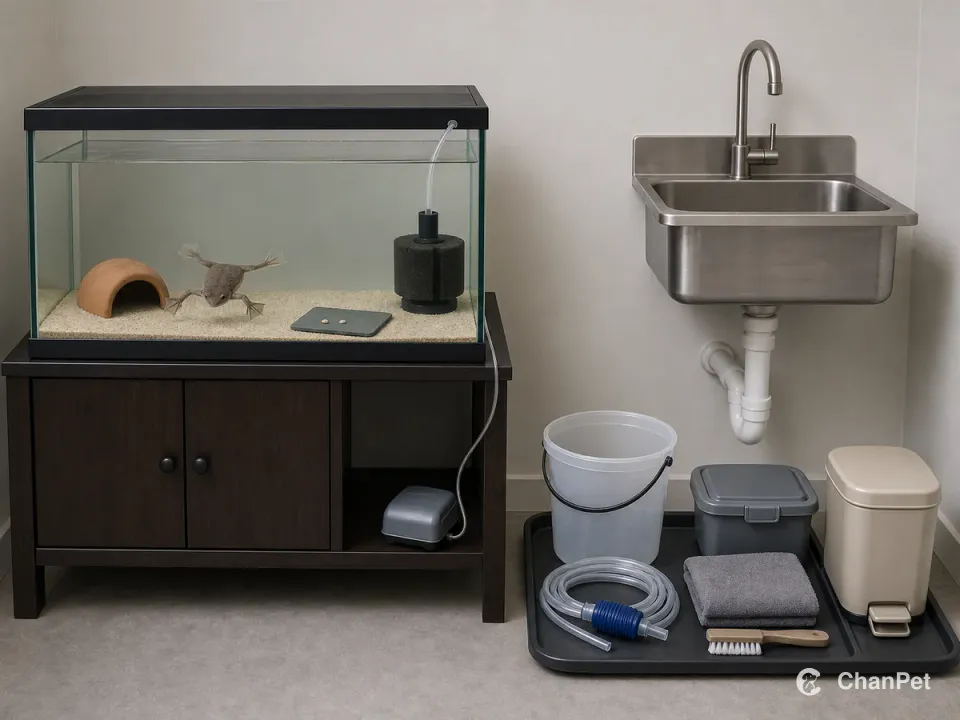 An African dwarf frog aquarium and single airline sit beside a utility sink with a contained bucket, siphon and cleaning kit.