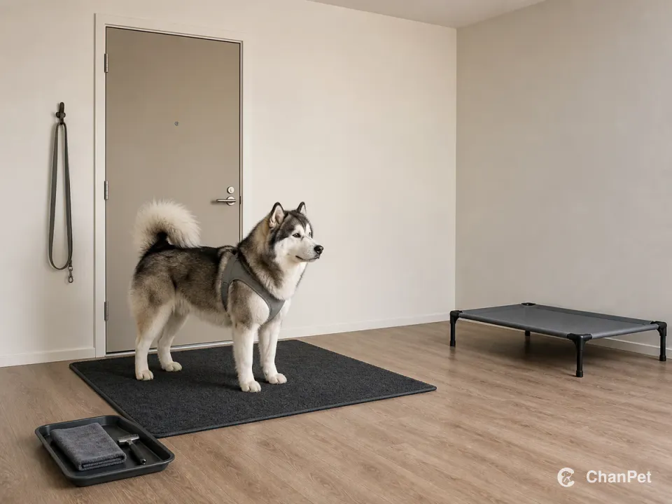 A large harnessed Alaskan Malamute waits on an entry mat beside a closed apartment door, with the leash, cleanup tray and cooling cot fully visible.