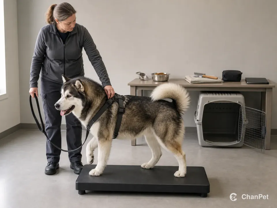 An adult Alaskan Malamute wears a fitted harness on a platform scale beside an undercoat rake, measured food, empty carrier, health folder, and veterinary pouch
