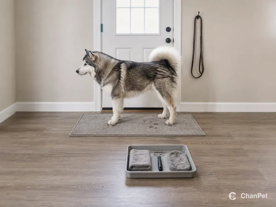 An Alaskan Malamute stands calmly on a complete washable entry mat with light muddy paw marks beside a tray holding towels and an undercoat rake