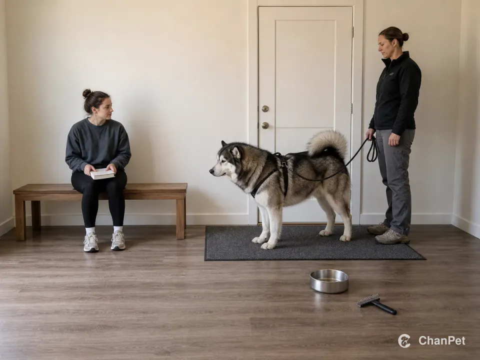 A student sits on a complete bench with a blank notebook while a backup caregiver holds an Alaskan Malamute at the door beside a water bowl and undercoat rake