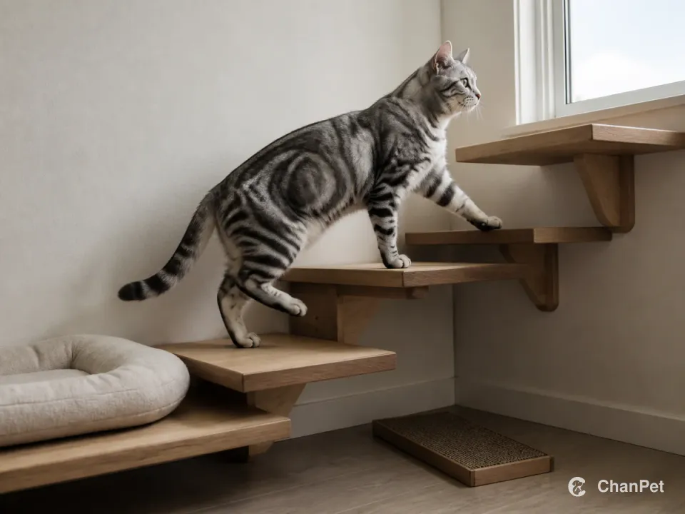 一只银虎斑美国短毛猫沿着宽木踏板走向窗边的休息台