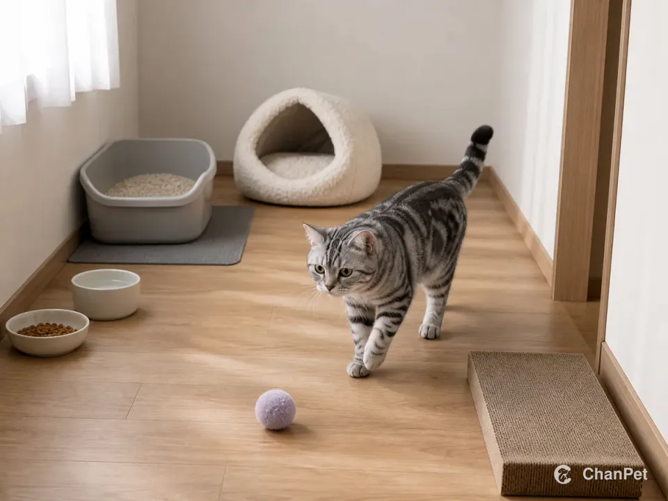 An American Shorthair moves through a quiet first-week room with separate litter, food, water, hide, scratcher, and a small play ball.