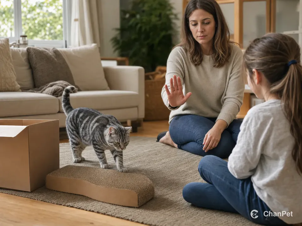 An adult on a rug gestures for a child to give space while an American Shorthair approaches a cardboard scratcher.