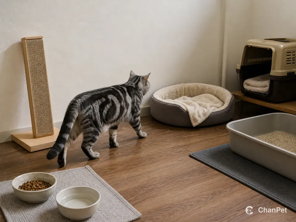 一只美国短毛猫在室内照护角活动，食物饮水、独立猫砂区、抓挠面和无标识运输箱分区清楚。