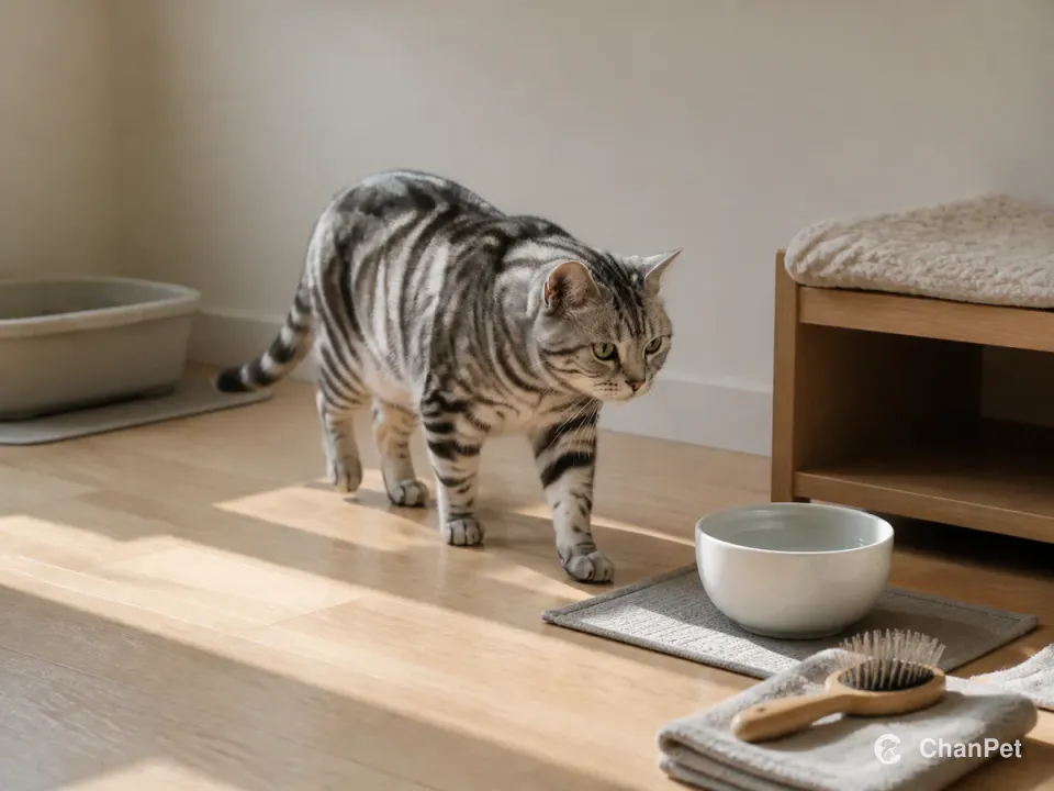 一只银虎斑美国短毛猫经过水碗、猫砂盆和低矮休息架