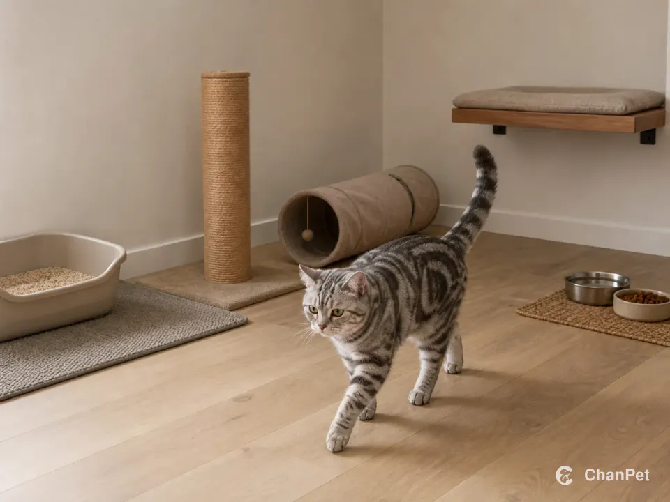 An adult silver tabby American Shorthair walks through an indoor room with a litter area, scratching post, play tunnel and elevated resting shelf in separate zones.