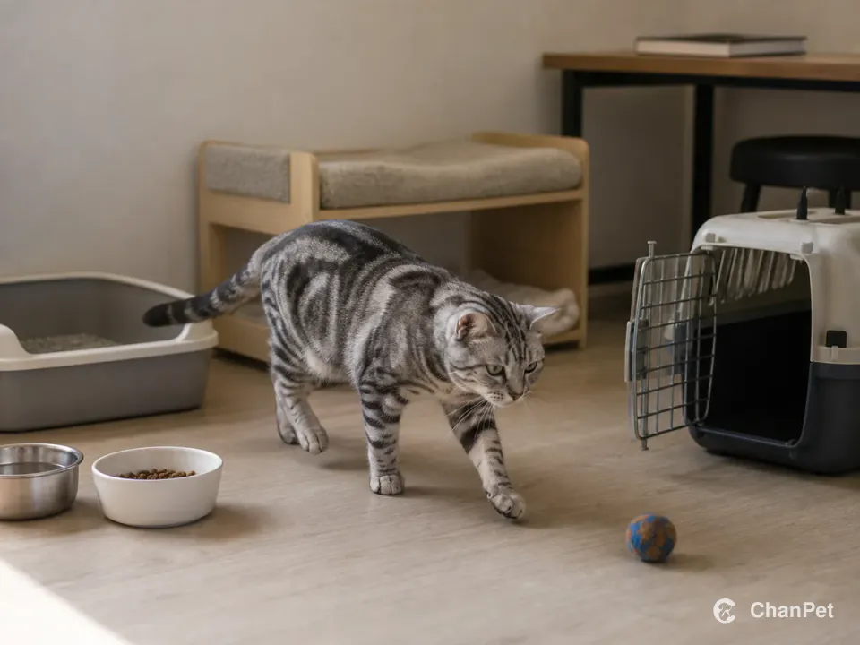 A silver tabby American Shorthair walks through a tidy care corner with separate food and water, litter, a resting shelf, a toy and an open plain carrier.