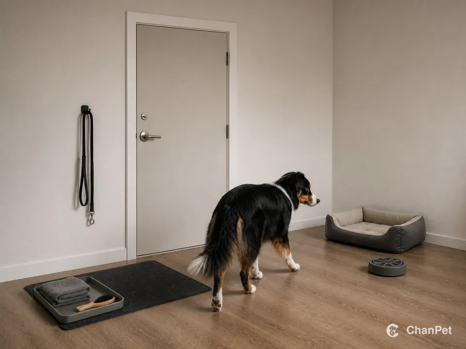 A black tricolor Australian Shepherd turns from a complete entry mat toward a quiet bed, with leash, towel, undercoat brush and food puzzle arranged along the route.