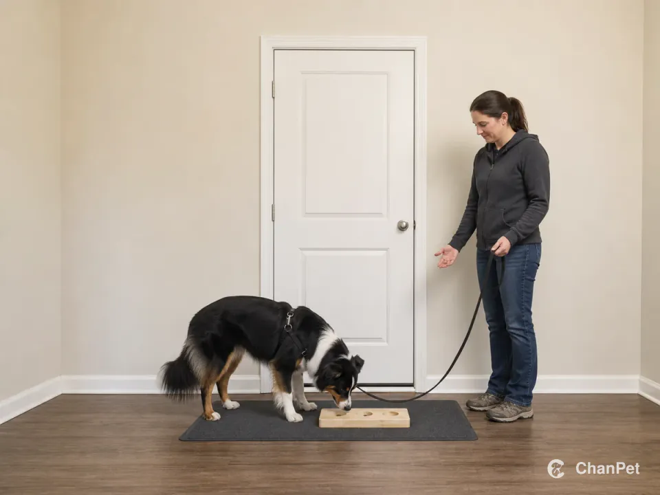 A brown-eyed black-tricolor Australian Shepherd searches a wooden scent board on a mat while a caregiver holds a slack leash and reward beside a closed door