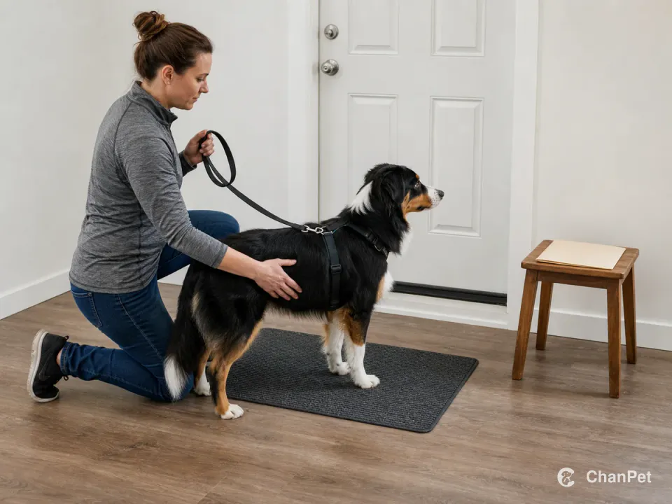 A caregiver holds a black tricolor Australian Shepherd's leash at a doorway place mat while checking its ribs beside a blank health folder.