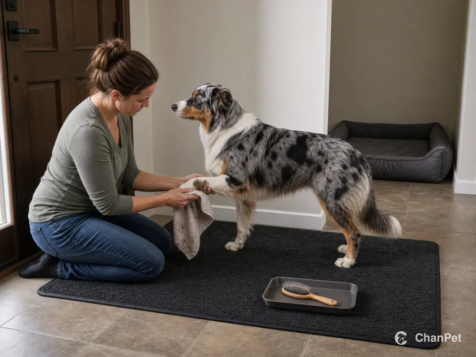 A caregiver wipes a blue-merle Australian Shepherd's muddy paw on an entry mat beside a brush tray and a separate quiet dog bed.