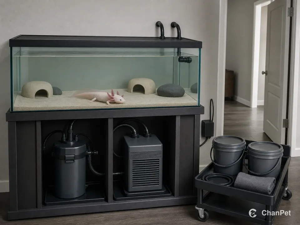 One axolotl rests in a dim cool-water tank fully supported by a cabinet with filtration, chilling equipment, and a lidded water-change cart beside it
