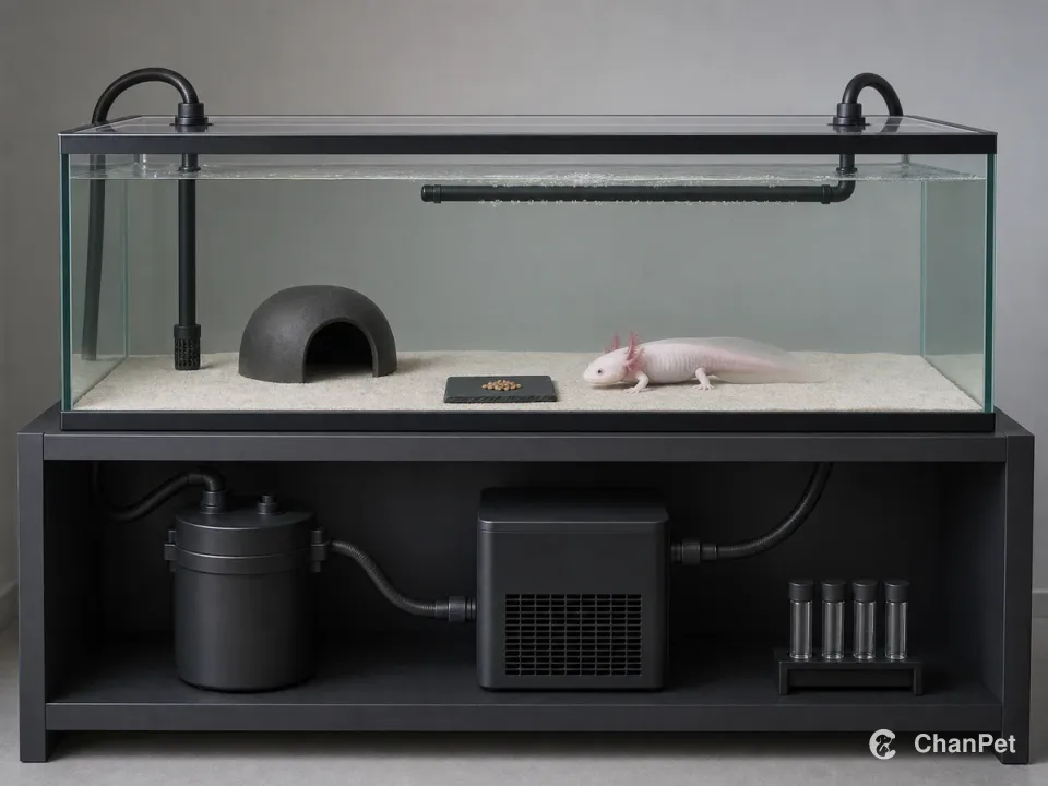 One axolotl rests beside fine sand and a feeding tile in a mature cold-water tank whose intake connects through a canister filter and chiller to a spray-bar return