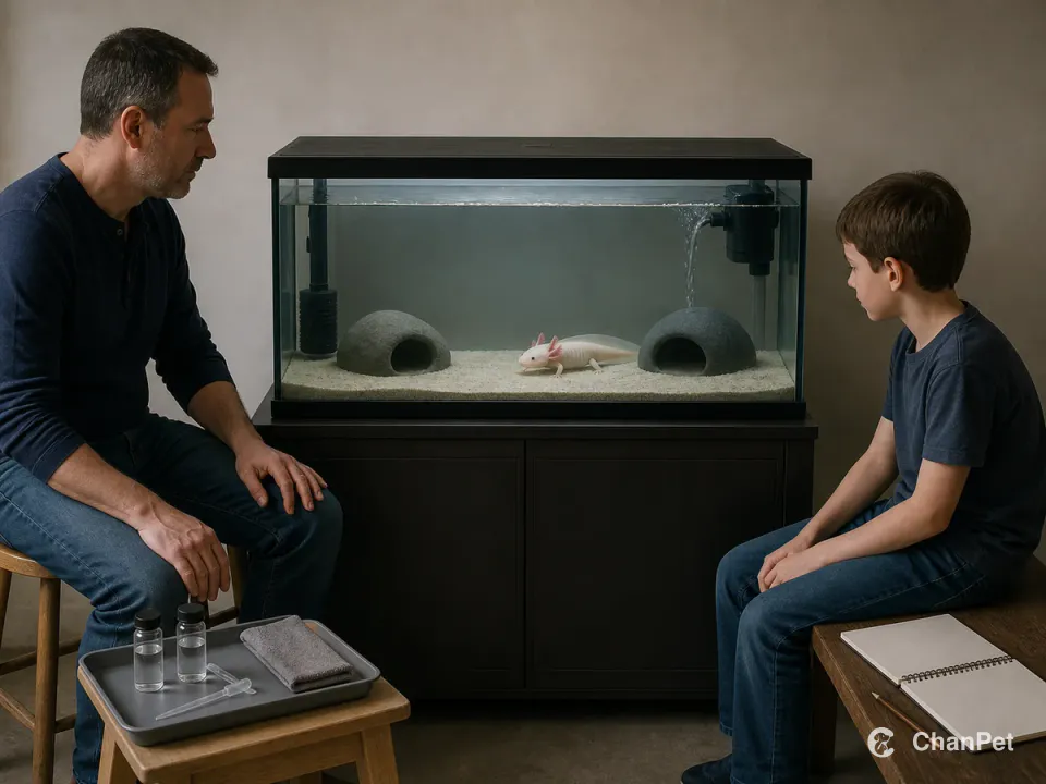 An adult beside water-care supplies and a child calmly watching an axolotl through the intact glass of a fully aquatic aquarium