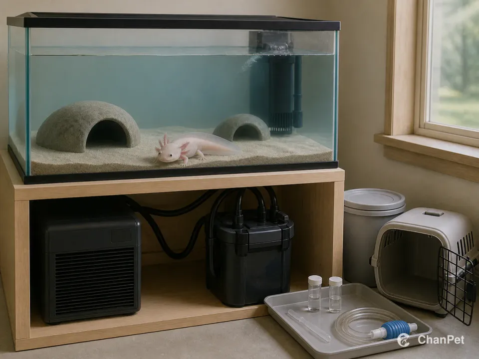 朴素冷水水族箱内的六角恐龙,缸下冷水机和过滤器连成完整水路,旁边只放水质、换水用品和运输箱