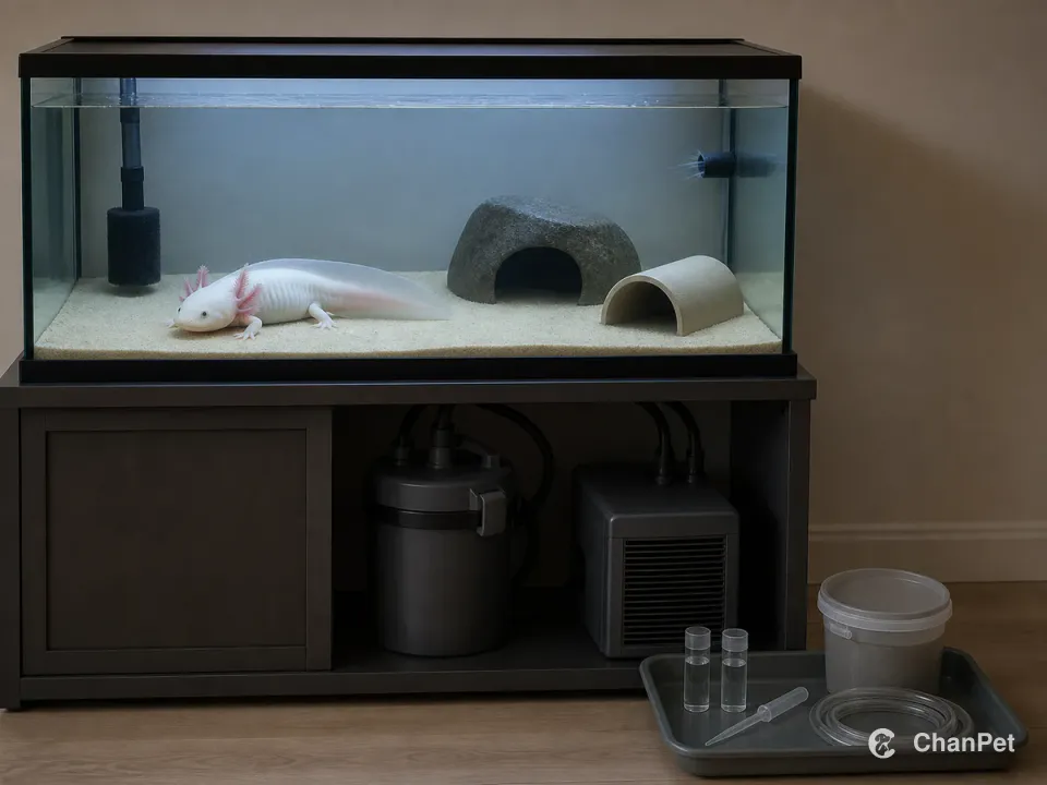 An axolotl in a cool aquarium with filtration and chilling equipment running below and water-sampling and siphon tools arranged beside the tank