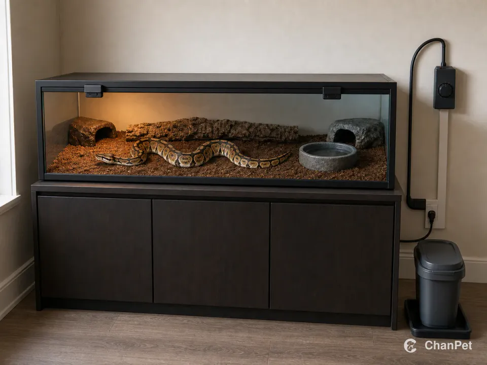 A ball python stays fully inside a closed glass enclosure on a fixed cabinet with warm and cool hides, protected power, and a lidded cleanup kit beside it