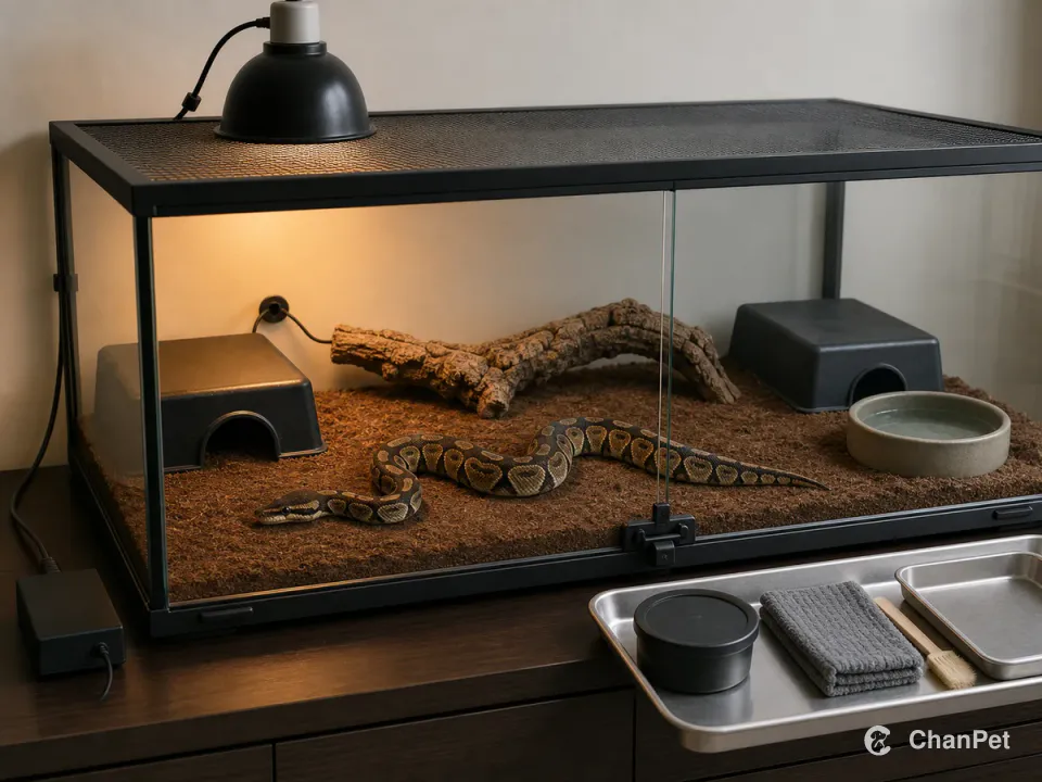 A ball python remains fully visible inside a closed terrarium with warm and cool hides, water, and a separate feeding and cleaning tray outside
