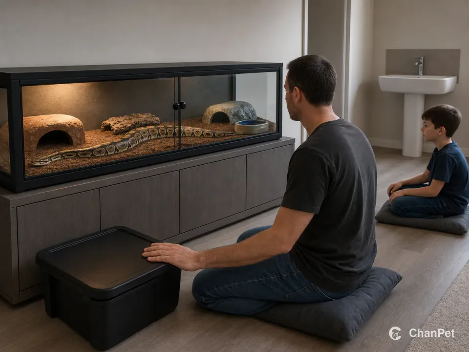 A ball python forms one continuous line inside a closed glass enclosure while an adult sits by the cleanup box and a child observes from a more distant cushion near a handwashing sink