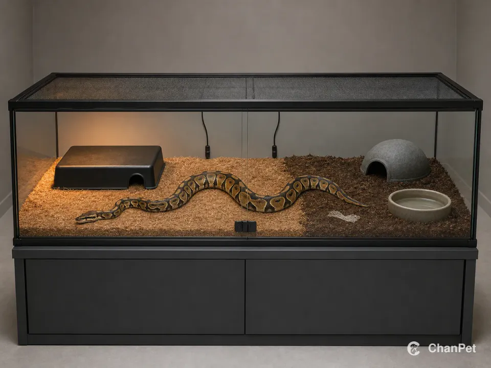 One ball python stretches between the warm and cool humid ends of a closed glass enclosure with two hides, clean water, sensor probes and a small shed fragment