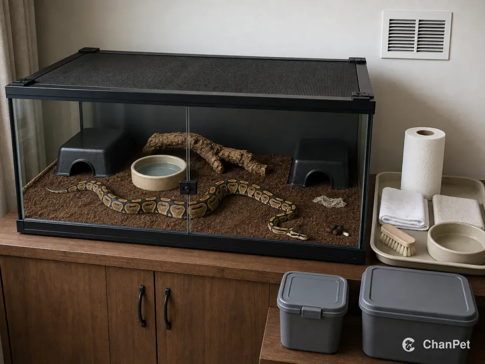 A ball python stays fully inside a locked glass terrarium where water, substrate, one waste spot, and shed skin remain separate from an outside cleaning tray and lidded bins