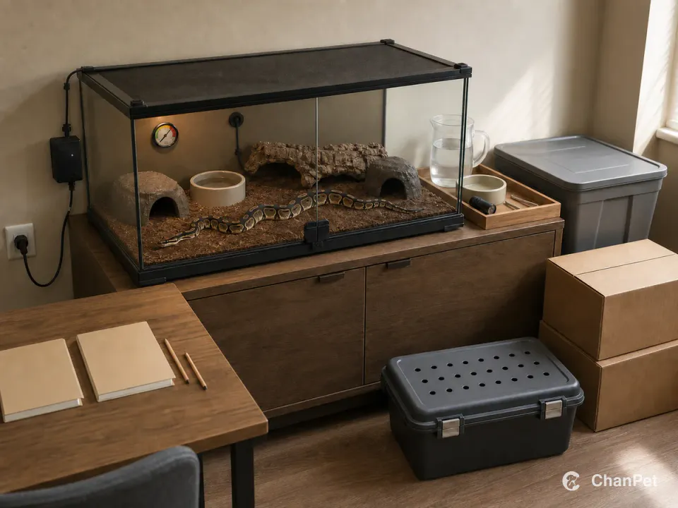 A closed terrarium stays fixed beside a student desk with the ball python inside and an external thermostat, check tray, empty carrier, and moving boxes ready