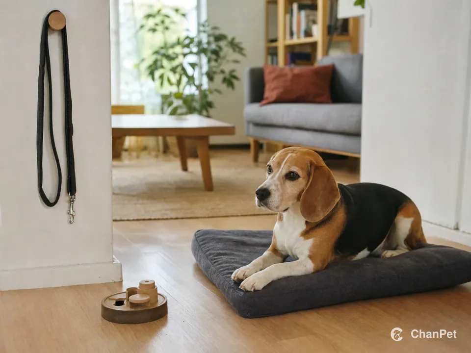 An adult beagle rests on its mat in an apartment living room with a leash hanging by the doorway.