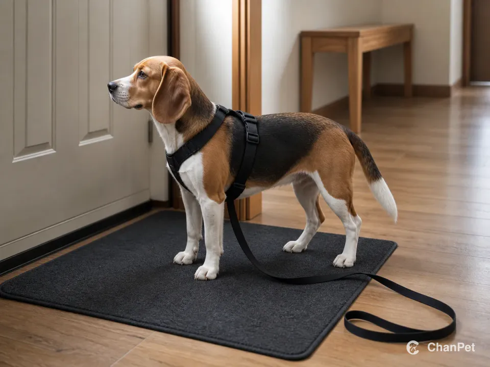 A tri-colour Beagle wears a black harness and stands on a non-slip mat inside a closed entry door, with the leash resting loosely on the floor.