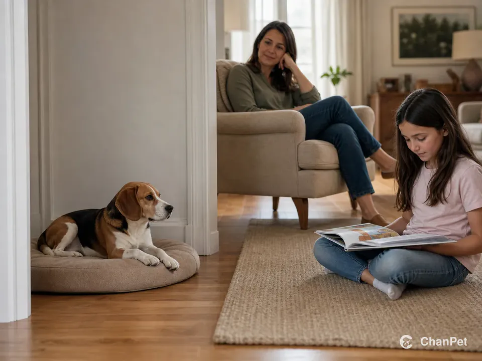 A tri-colour Beagle rests on a bed near a doorway while an adult observes and a child reads across the room.