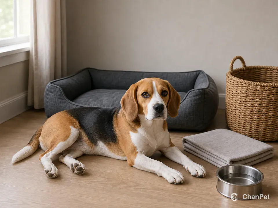 A tricolor Beagle resting beside a plain bed, water bowl, washable mat and woven storage basket