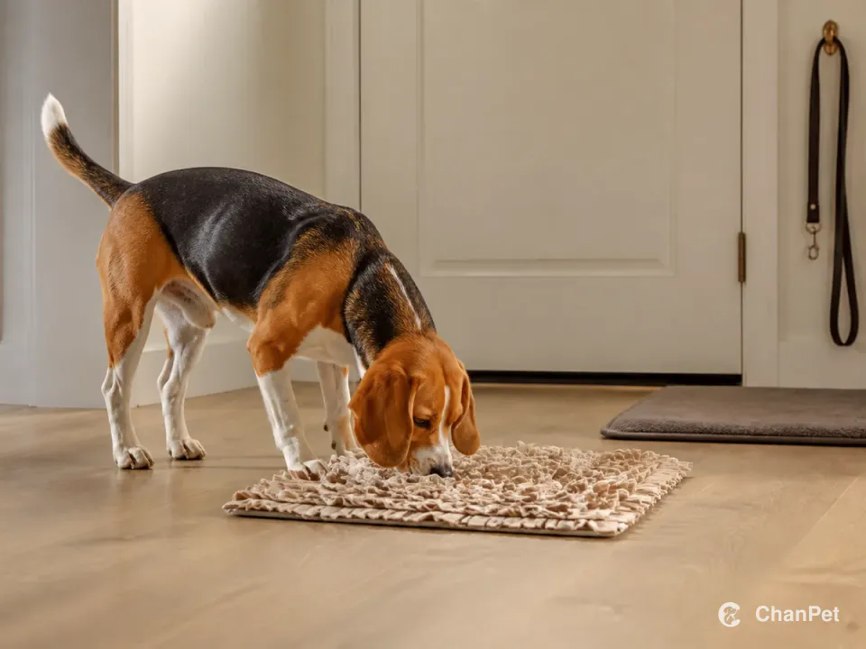 A tri-colour Beagle searches a woven scent mat by a closed entry door, with an unbranded leash on the wall nearby.