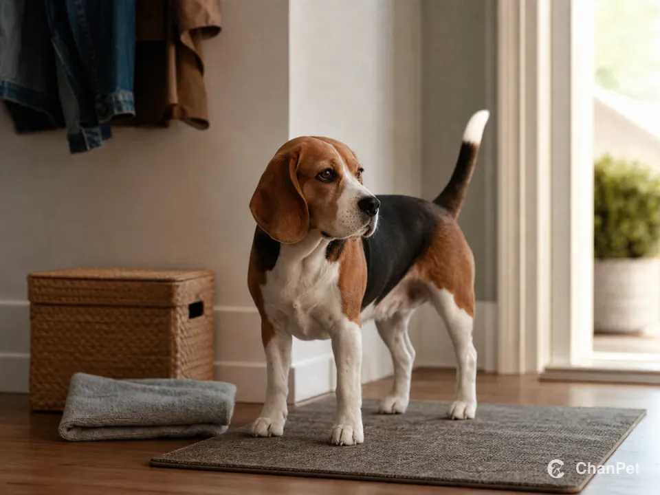 A tricolor Beagle standing on an entry mat beside a folded towel and storage basket