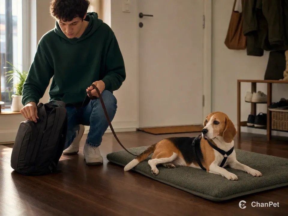 An adult Beagle waits calmly on its own mat while a student finishes a closed backpack; the lead runs naturally to the dog's harness.