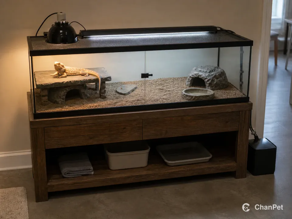 An adult bearded dragon rests on the left basking slate inside a closed glass terrarium. An external heat lamp and linear UVB fixture sit above the complete mesh roof, while the right cool end holds a hide and water bowl. A sturdy wooden cabinet supports the full enclosure, with cables secured outside to a covered side box.