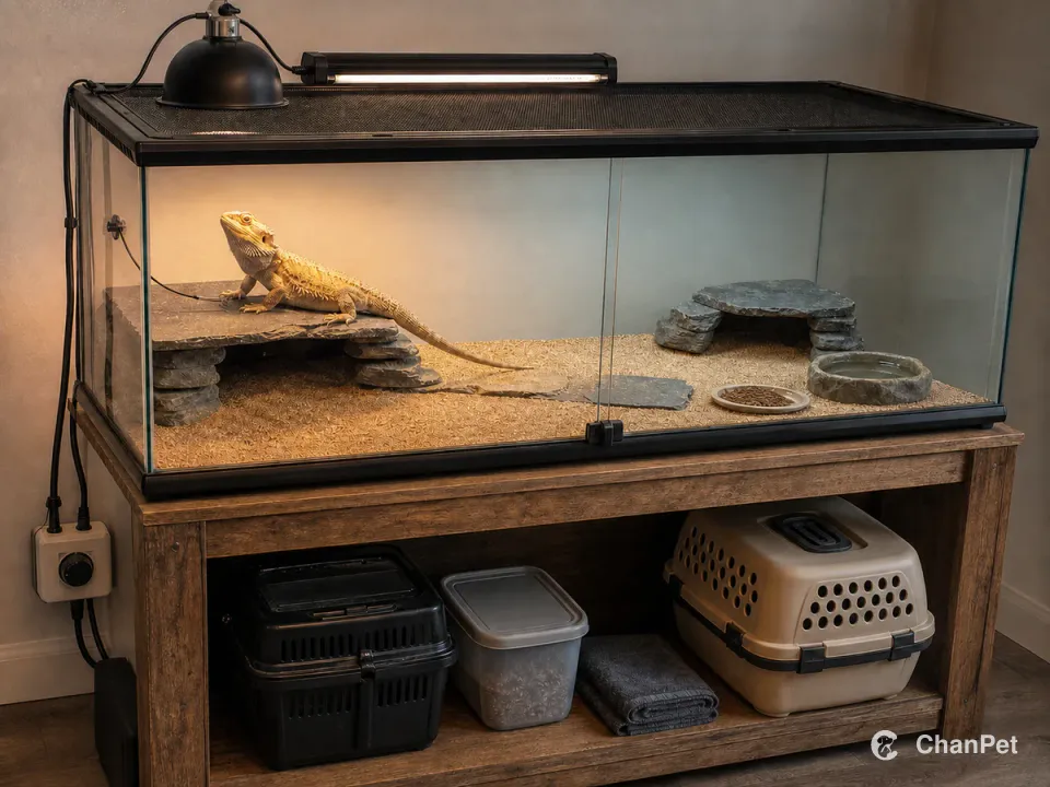 An adult bearded dragon rests on the left basking slate inside a closed glass terrarium. A heat lamp and linear UVB fixture sit above the complete mesh roof, while the right cool end holds a hide, water and feeder insects. Outside, a blank controller connects to a sealed probe, and the shelf holds food storage, a cleaning cloth and a closed transport carrier.