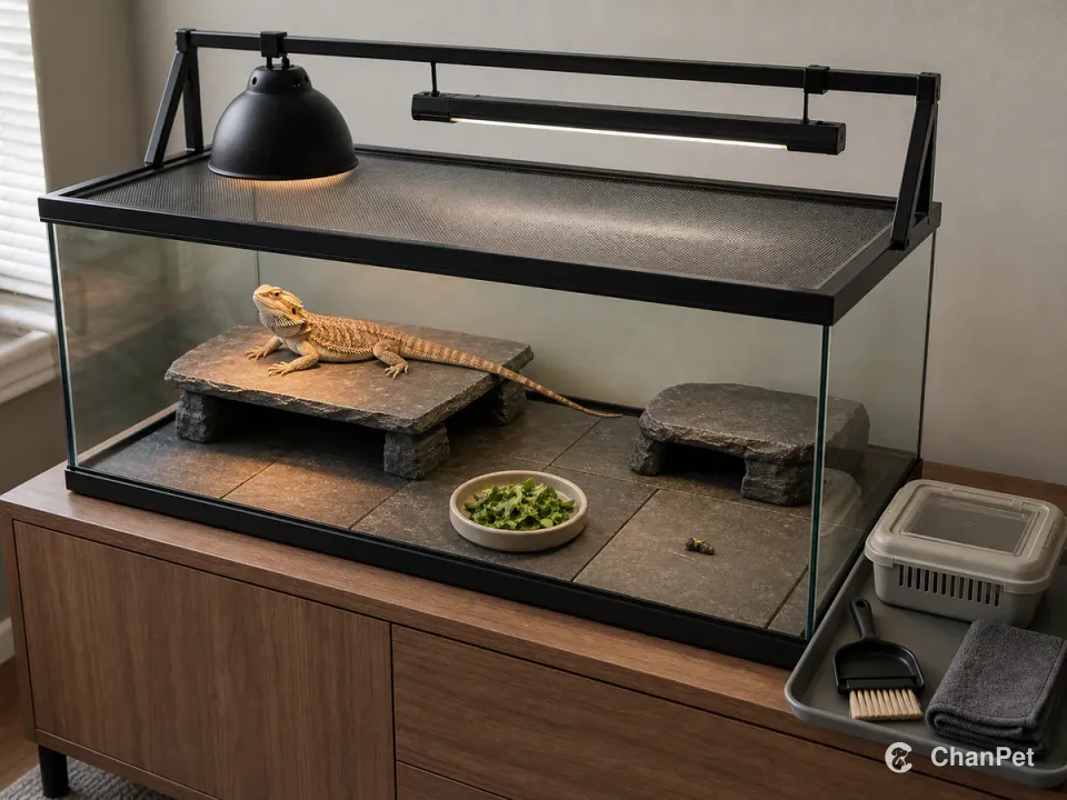 A bearded dragon rests on a basking platform in a closed glass terrarium with a greens dish, easy-clean floor, heat lamp, linear UVB, sealed feeder box, and cleaning tray