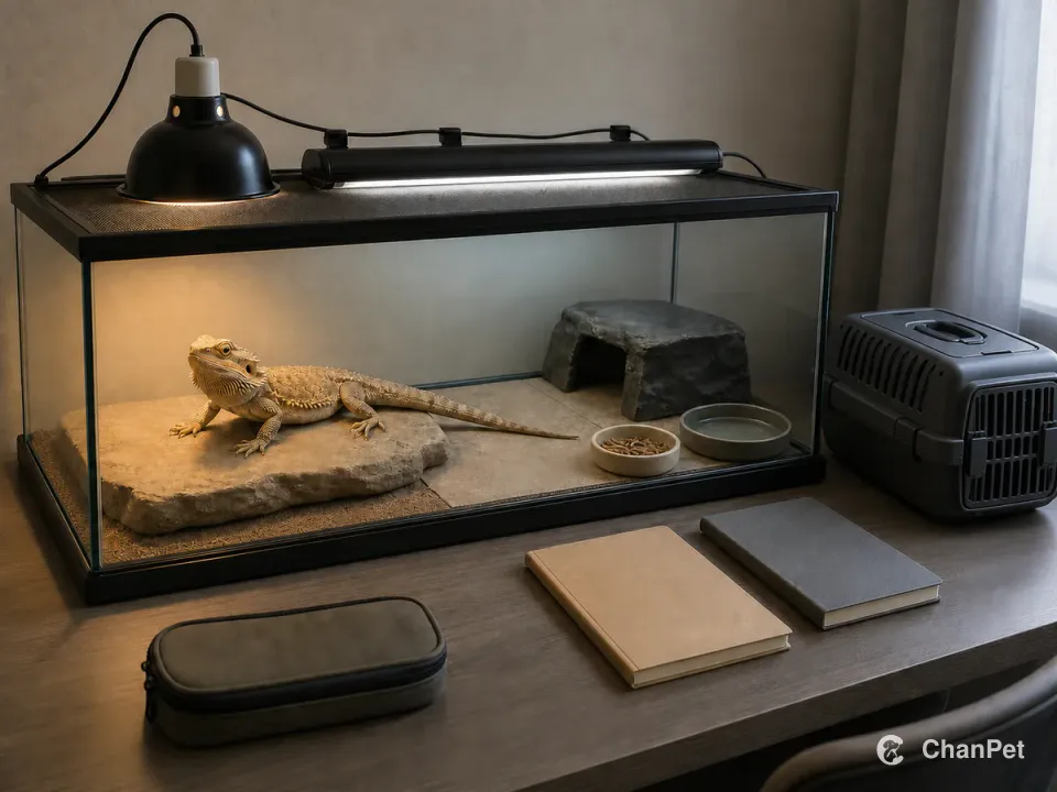 闭合饲养箱里的鬃狮蜥在热区晒背，箱顶有线性 UVB 和热灯，桌旁放着无字学习用品与锁好的运输箱