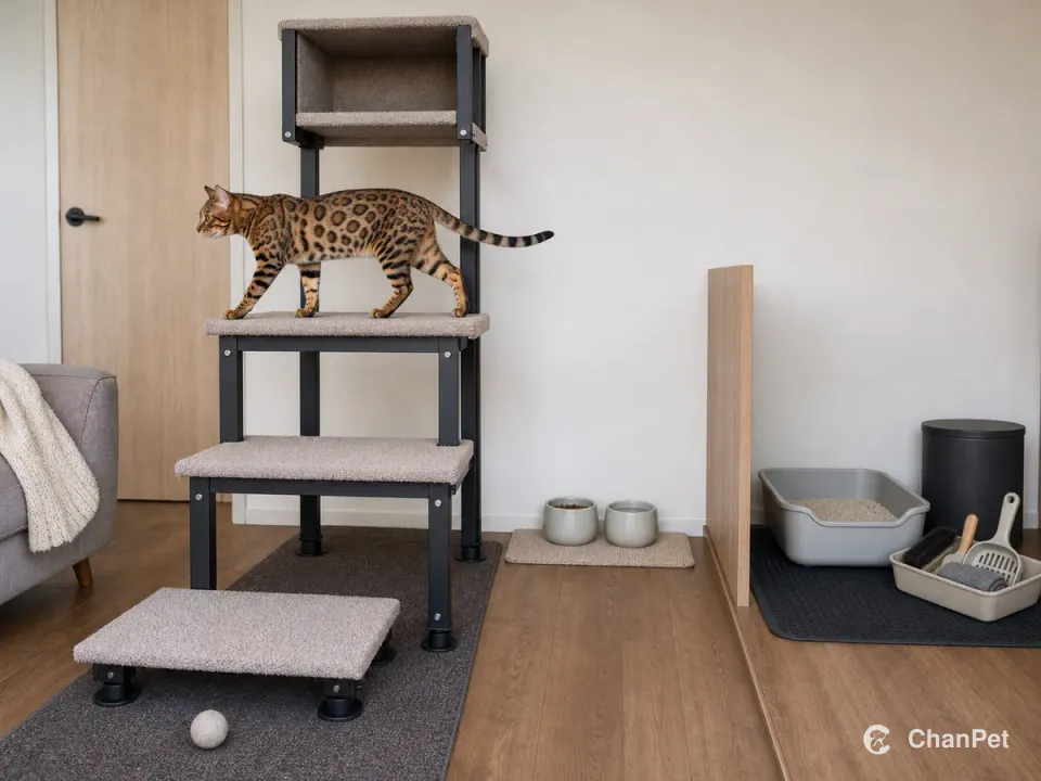 In an apartment living room, an adult Bengal walks along a padded platform on a freestanding tower, showing open-centered rosettes, four paws and a complete ringed tail. The tower stands on rubber feet over a long runner, food and water sit across the room, and a divider separates the litter tray, closed waste bin and cleaning caddy.