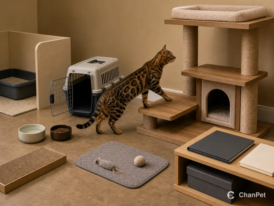 A Bengal steps from a broad low platform toward a sturdy cat tree in a base room with an open carrier, retreat, toys, separate resources, and blank health folder