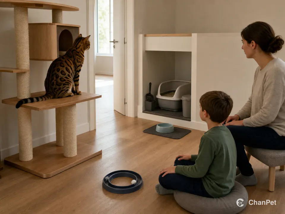 An adult and child sit at a distance while a Bengal watches its cubby and open doorway from a high platform