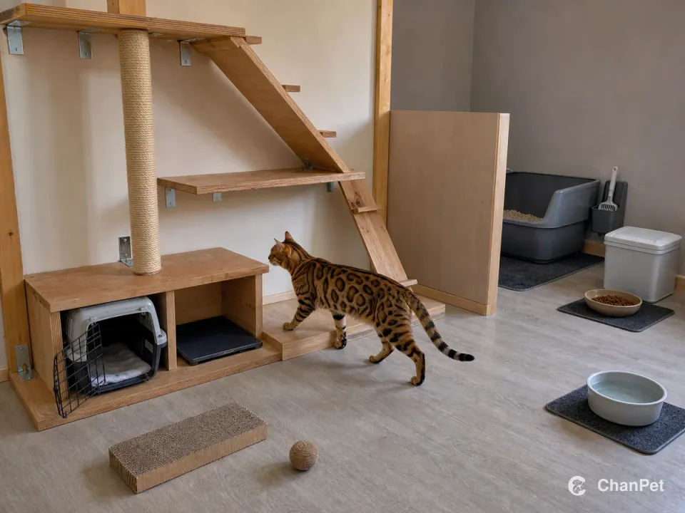 A Bengal walks toward an anchored plywood climbing structure in a practical room with a scratcher, play ball, open carrier, blank health folder, litter box, food and water arranged in durable zones