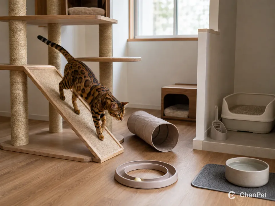 A Bengal walks down a cat-tree ramp toward a track toy, tunnel and separate litter area