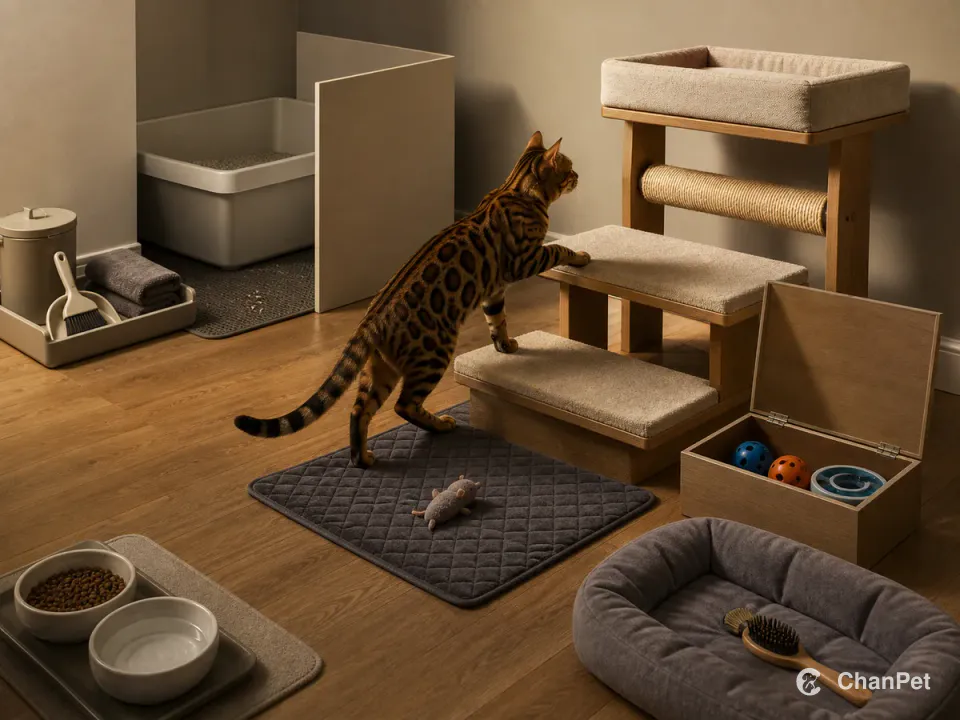 A Bengal climbs broad supported steps toward a high rest bed while hard toys are stored and litter tools, grooming brush, bowls, and rest zones stay separate